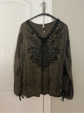 Affliction Olive Green Long Sleeve V-Neck Top with Black Embroidery